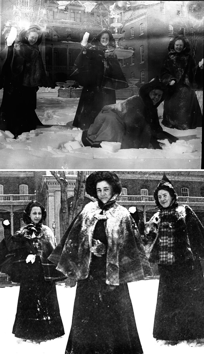 Victorian era women in winter clothing playing in the snow outdoors, showing lifestyle in a different time period.