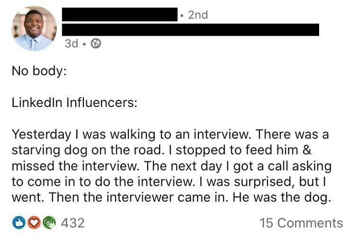 Humorous LinkedIn post describing a recruitment nightmare of missing an interview to feed a dog that turns out to be the interviewer.