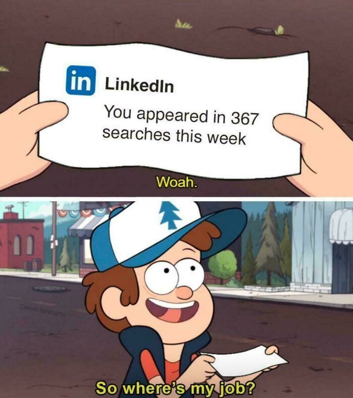 Animated character holding a LinkedIn notification about search appearances, humorously highlighting recruitment nightmares.
