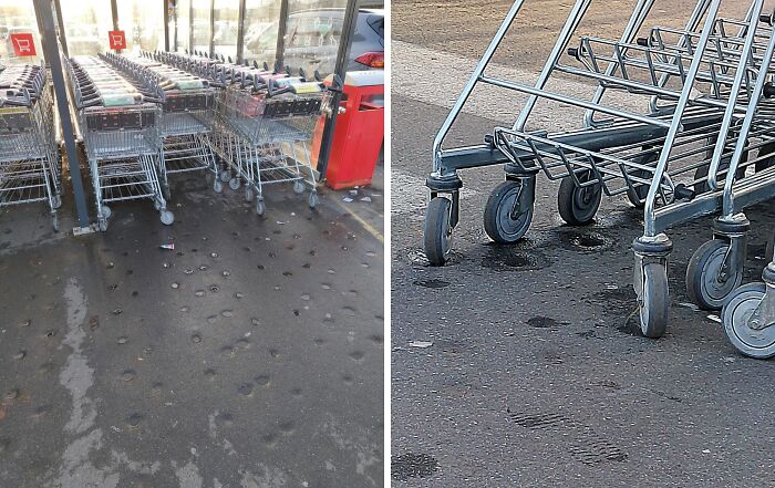 Worn-down shopping cart wheels creating damaged spots on the pavement from everyday use over time.