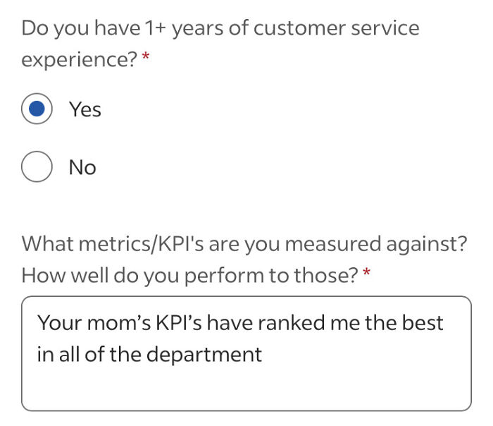 Screenshot of a humorous recruitment form showing an absurd response about KPIs in a relatable recruitment nightmare.