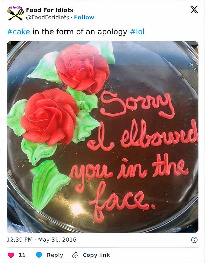 Chocolate cake with red icing roses and a humorous apology message written in pink frosting reflecting honest emotions.