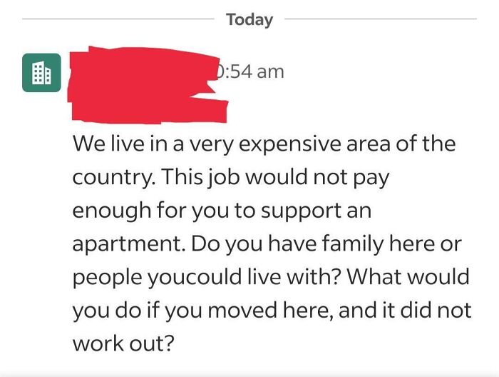 Recruiter message questioning candidate’s ability to afford living in an expensive area in a relatable recruitment nightmare scenario.