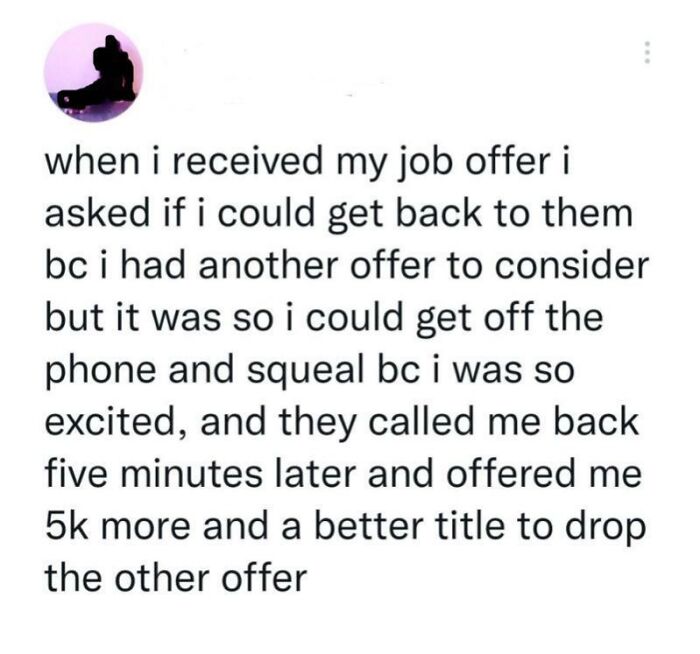 Text message about job offer mix-up and negotiation, illustrating common recruitment nightmares with humorous outcomes.