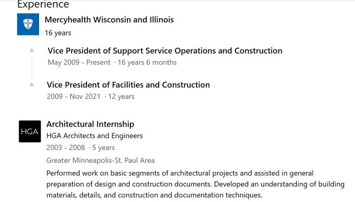 Screenshot of a professional LinkedIn profile showing experience in support service operations, construction, and architectural internship.