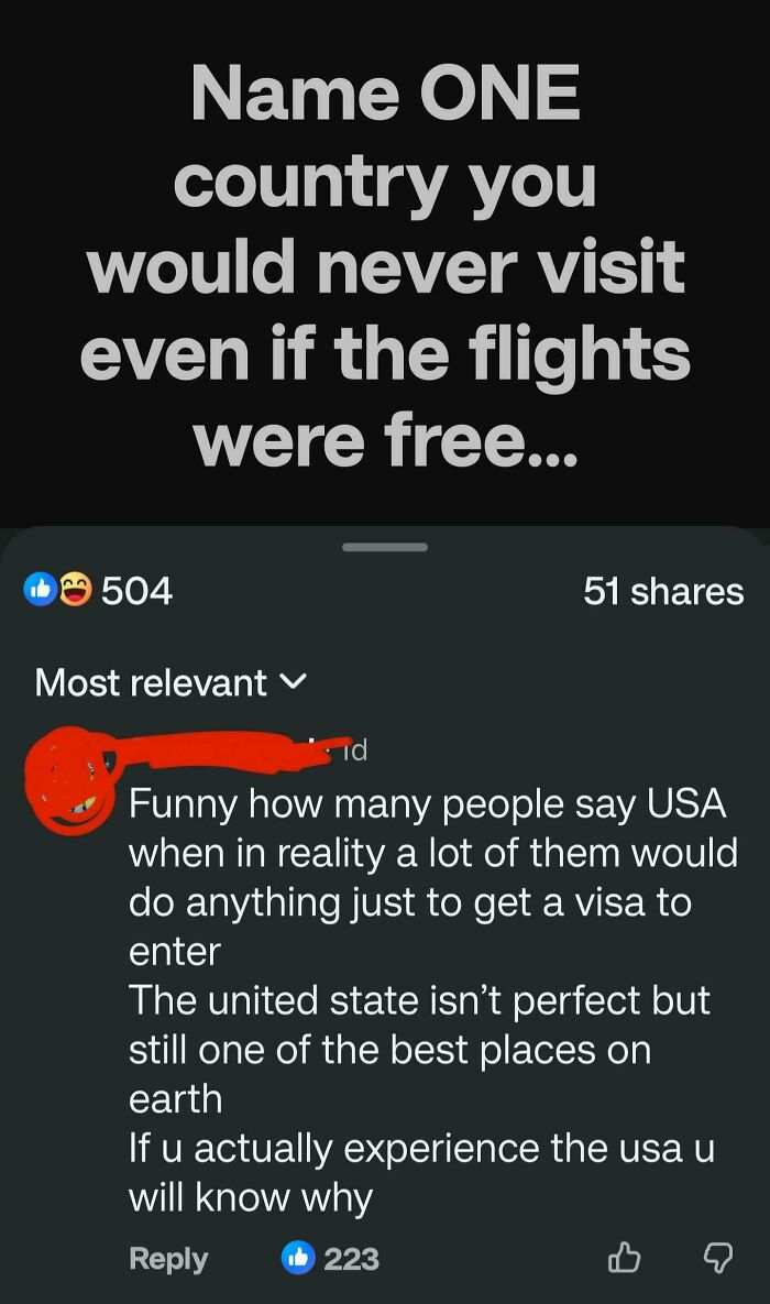 Social media comment discussing dumb comments about the USA and Americans defending the country’s reputation online.
