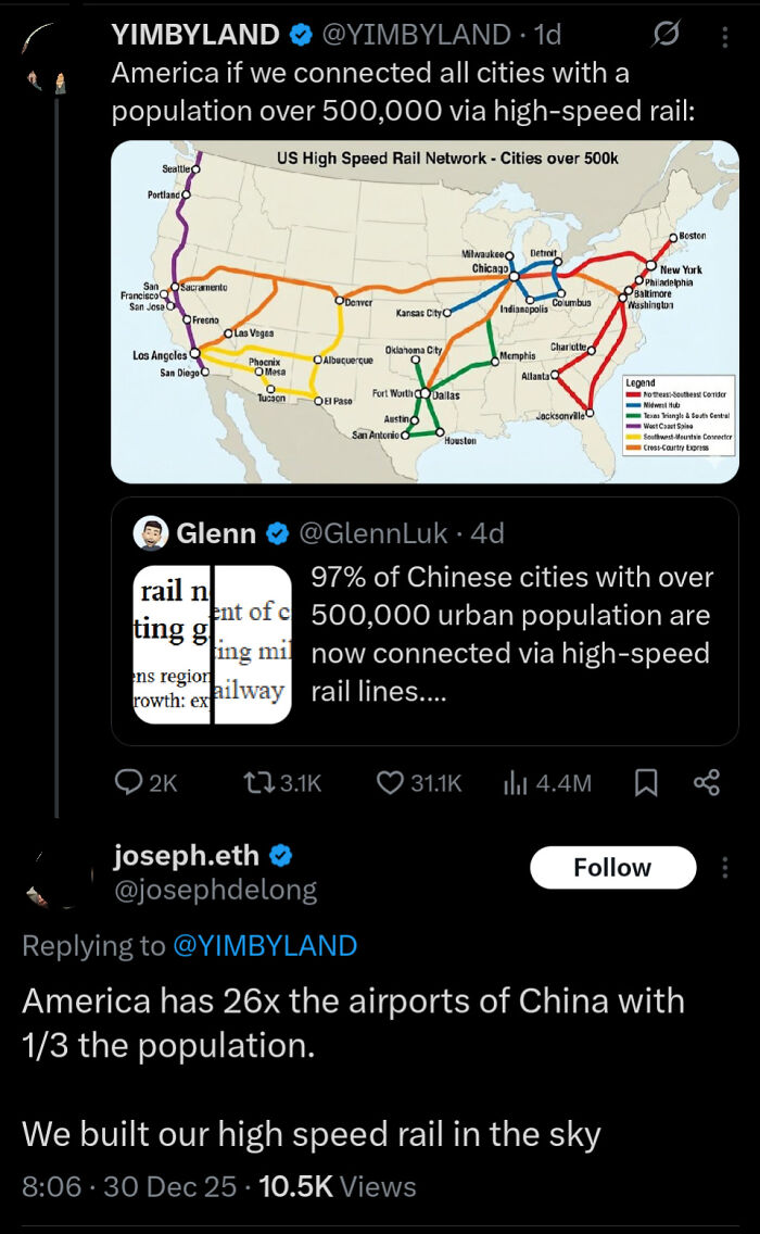 Screenshot of tweets discussing high-speed rail connectivity in American cities over 500,000 population with dumb comments.