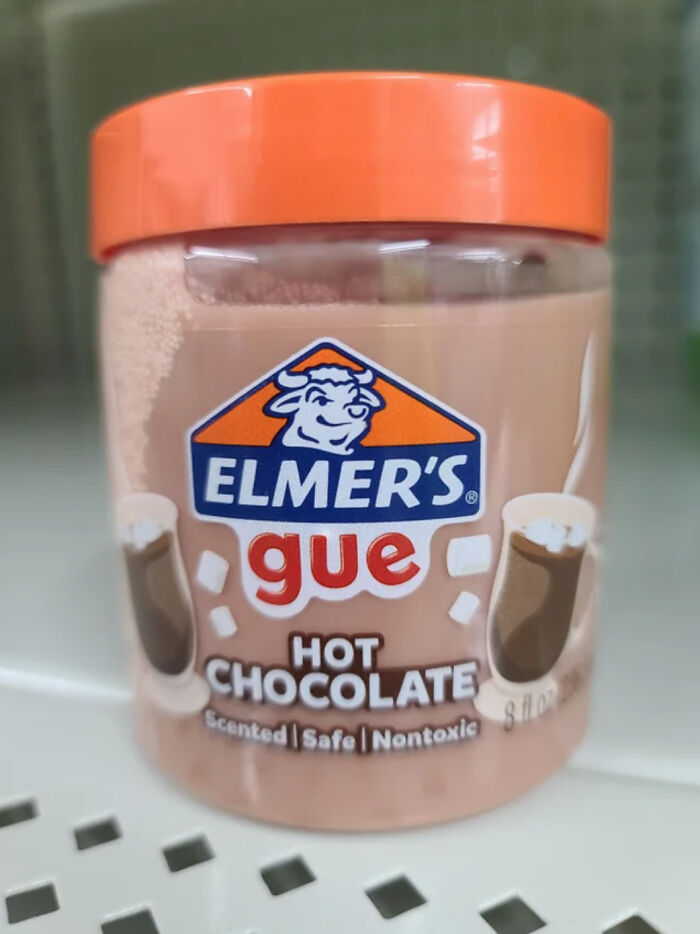 Container of glue designed like hot chocolate with marshmallows, illustrating terrible product designs that confuse users.