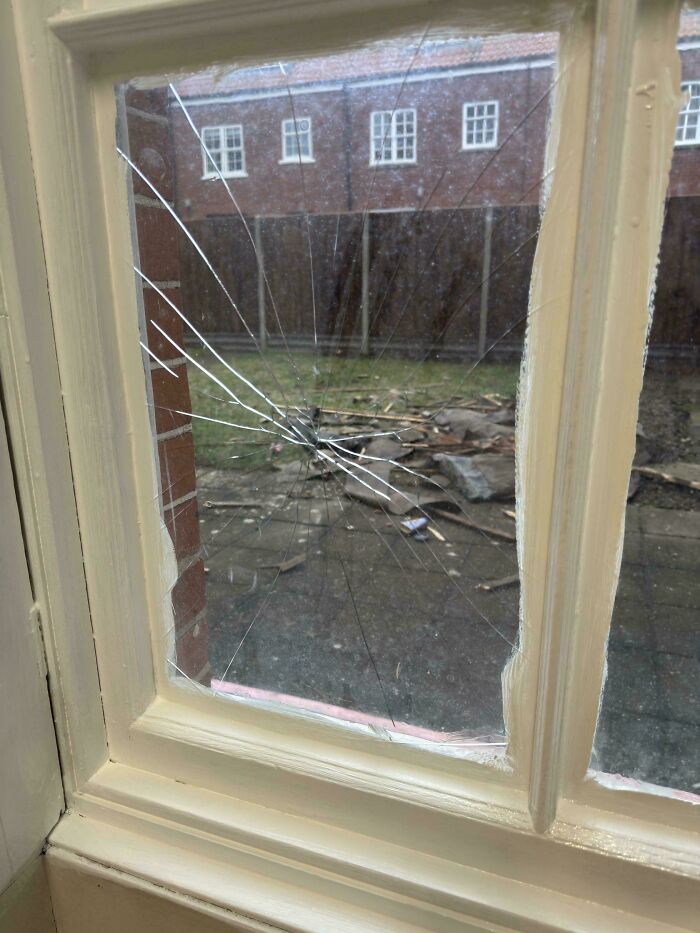 C*****d window glass with spiderweb fractures in a residential setting, showing an unfortunate and expensive fail.