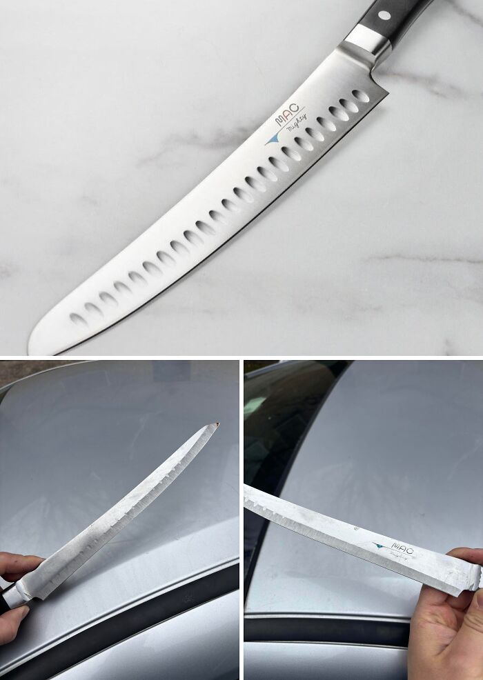 High-quality MAC chef knife with a black handle and curved blade shown new and severely damaged in fail photos.