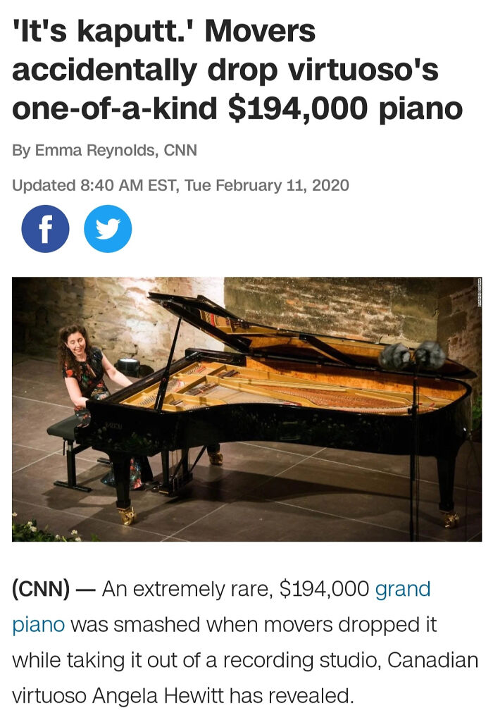 Grand piano accident fail where movers dropped and damaged a rare $194,000 instrument causing an expensive unfortunate fail.