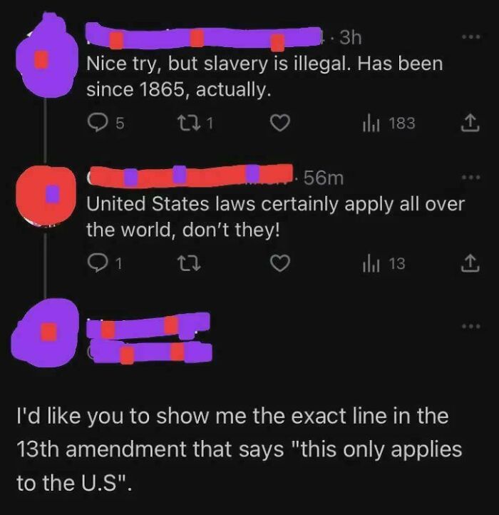 Screenshot of online dumb comments where Americans debate slavery laws and the 13th amendment in incorrect ways.