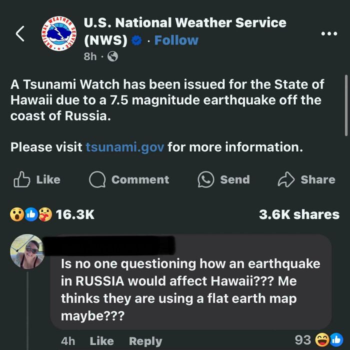 Screenshot of a dumb comment on a tsunami watch post related to Americans writing dumb comments online.