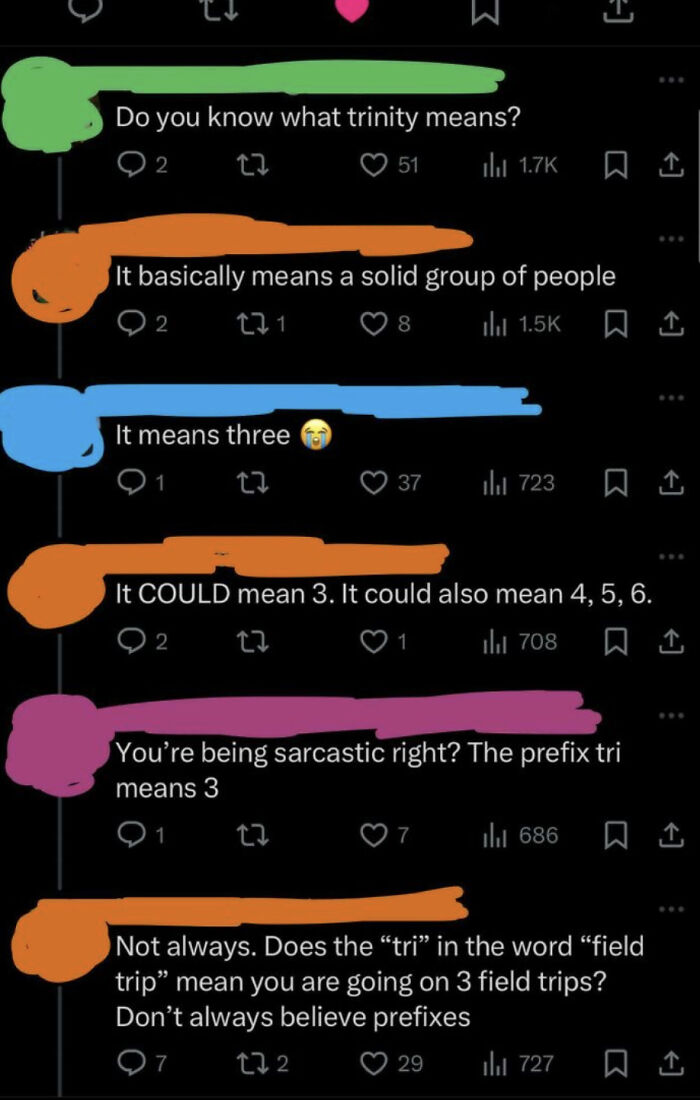 Screenshot of a funny Twitter thread showing dumb comments and misunderstandings about the meaning of trinity.