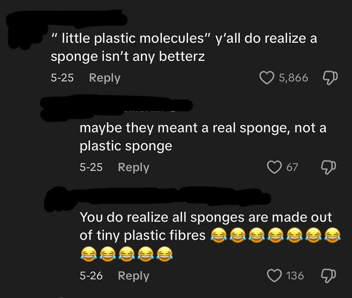 Screenshot of internet comments showing dumb remarks about sponges made of plastic, highlighting funny American comments.