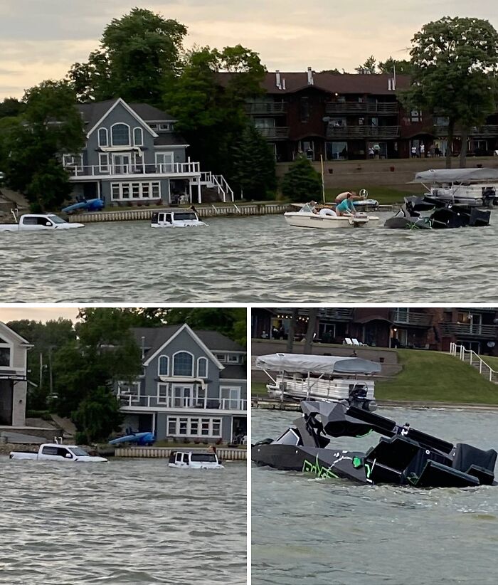 Multiple vehicles partially submerged in water near lakeside houses, showcasing expensive unfortunate and stupid fails.