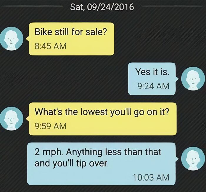 Funny meme text conversation about selling a bike with a random joke on speed and tipping over.