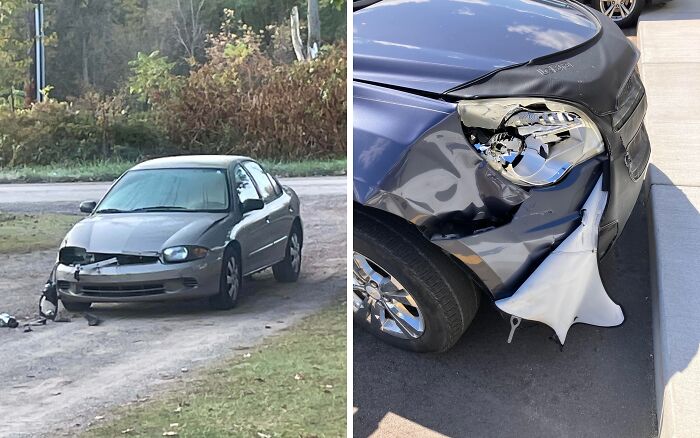 Damaged cars showing unfortunate and expensive fails with broken headlights and dented bumpers parked outdoors.