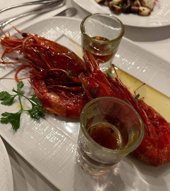 Two large cooked shrimp served with two shot glasses of alcohol on a white plate showcasing expensive food fails.