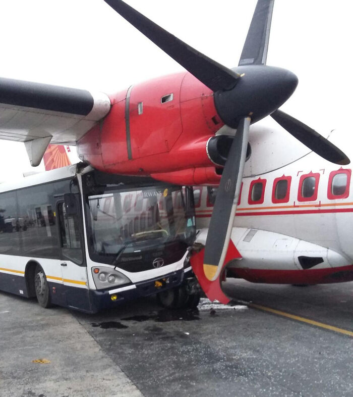 Bus crashed into airplane propeller on tarmac, illustrating one of many unfortunate and expensive fails caught in new pics.