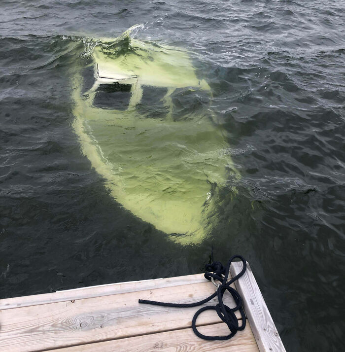 Partially submerged yellow boat seen from a dock, illustrating an expensive and unfortunate fail on the water.