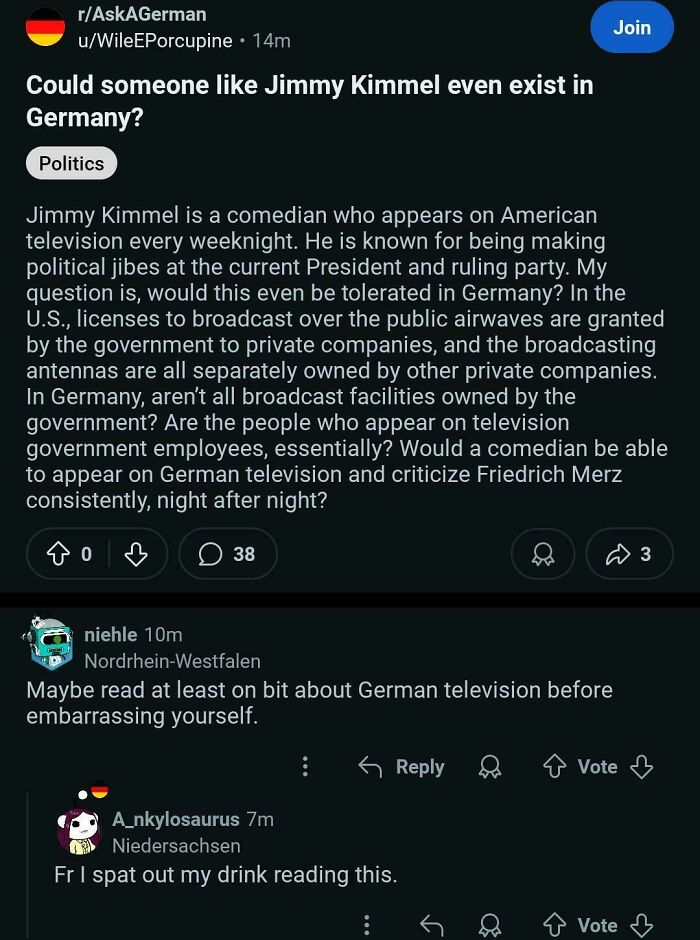 Screenshot of a Reddit thread showing Americans writing dumb comments about German television and Jimmy Kimmel.