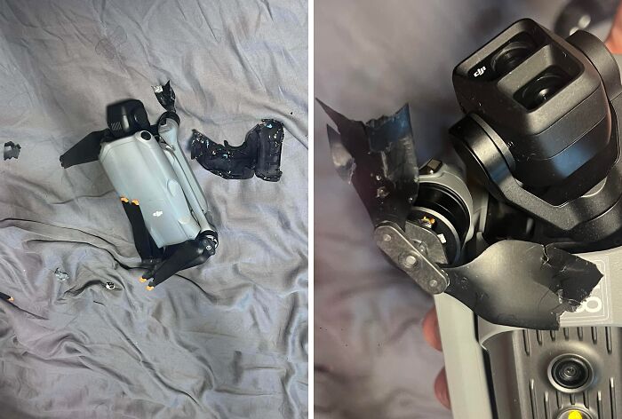 Damaged drone with broken propellers showing one of the unfortunate and expensive fails captured in new pics.