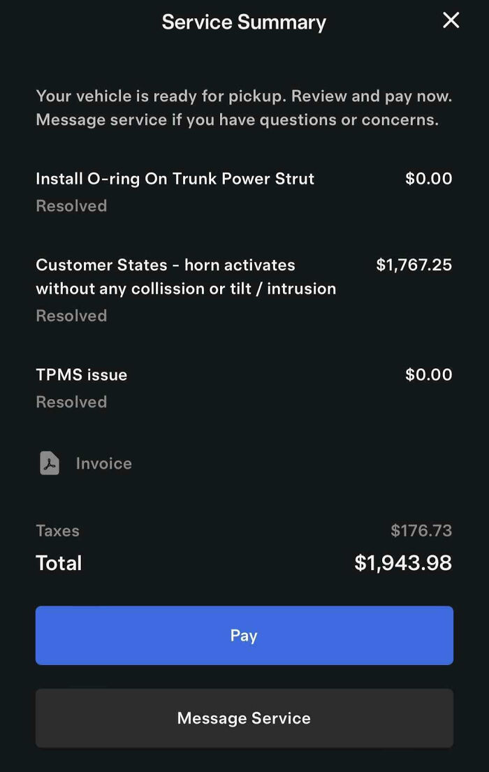 Service summary showing expensive vehicle repair fails with a total cost of $1,943.98 and resolved issues.