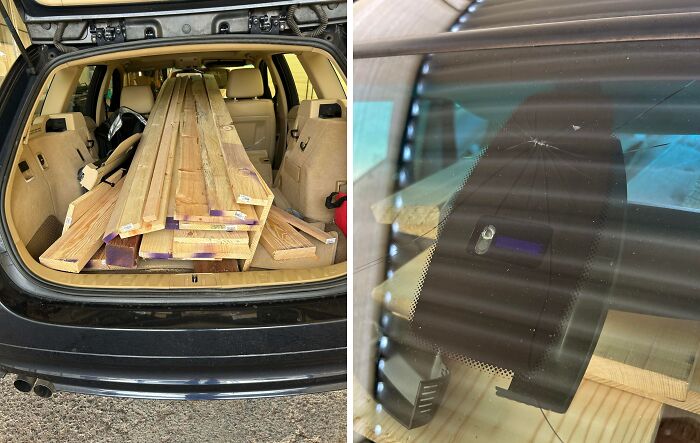 Car trunk overloaded with long wooden planks causing a windshield crack, a costly and unfortunate fail.