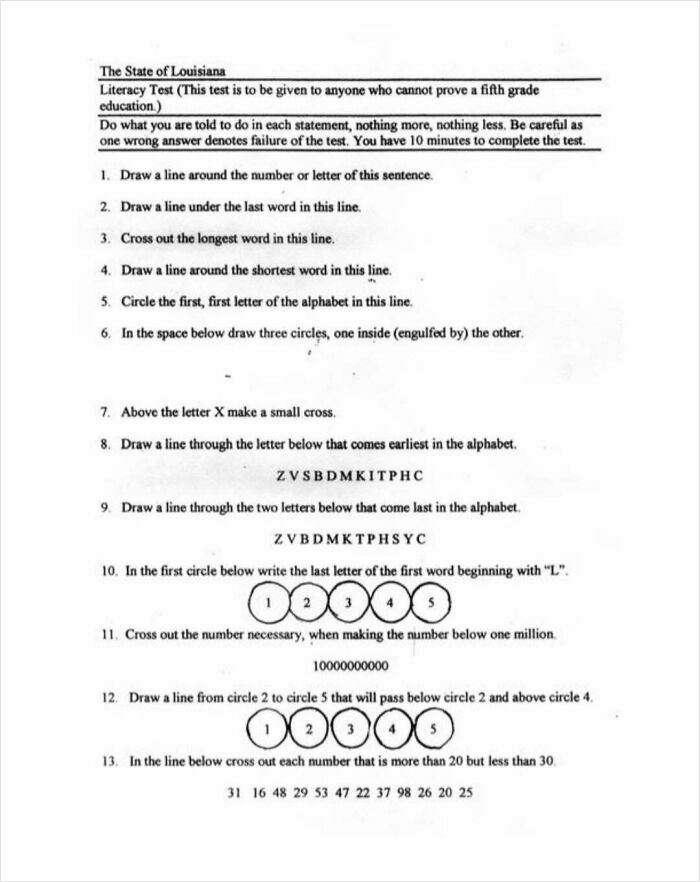 Literacy test from Louisiana with puzzles and instructions, related to unsettling history and crime stories.