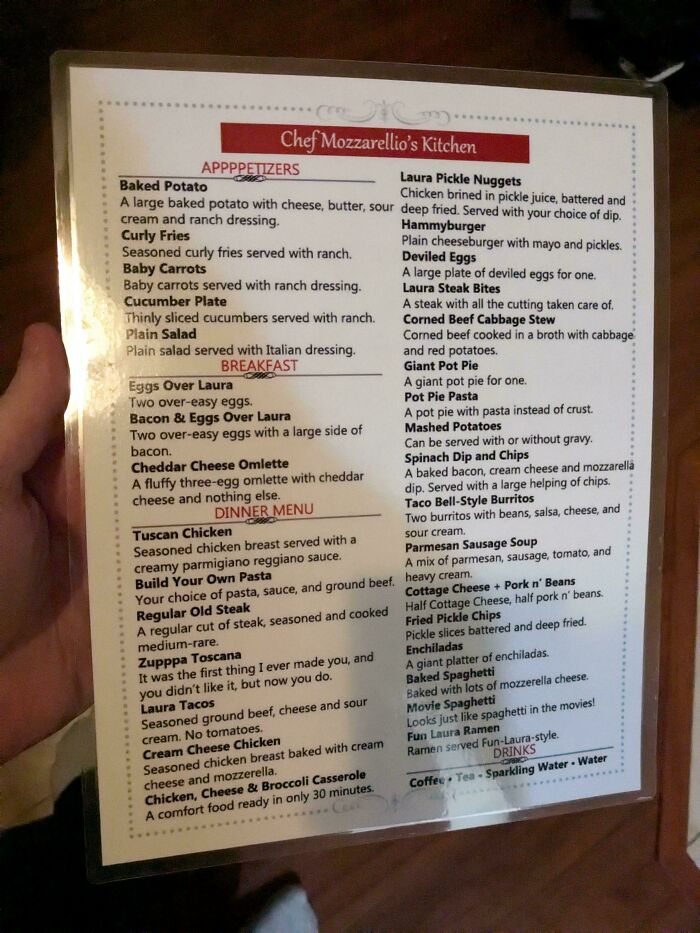 Handwritten restaurant menu showcasing life with a spicy, neurodivergent brain's unique and creative dish names.
