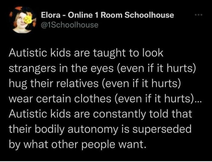 Social media post highlighting challenges faced by autistic kids and bodily autonomy in neurodivergent life.