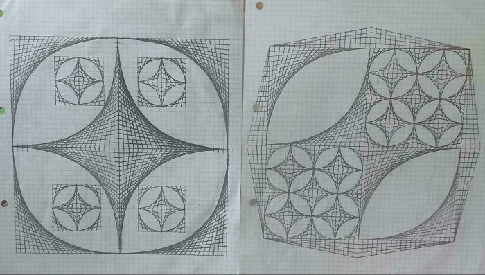 Hand-drawn geometric patterns on graph paper illustrating the complexity of a spicy neurodivergent brain.