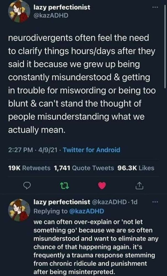 Screenshot of Twitter post explaining how a spicy neurodivergent brain often over-explains due to past misunderstandings.