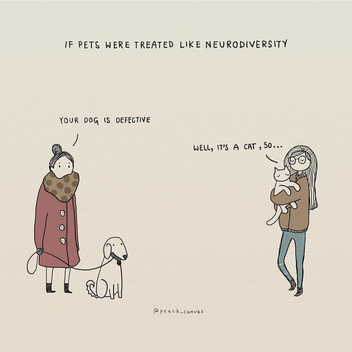 Illustration humorously comparing pets with neurodiversity, showing a woman with a dog and another with a cat discussing differences.