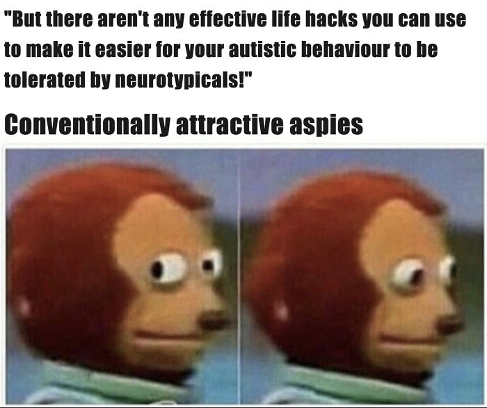 Alt text: Two side-by-side images of a monkey puppet looking awkward, representing neurodivergent brain experiences.