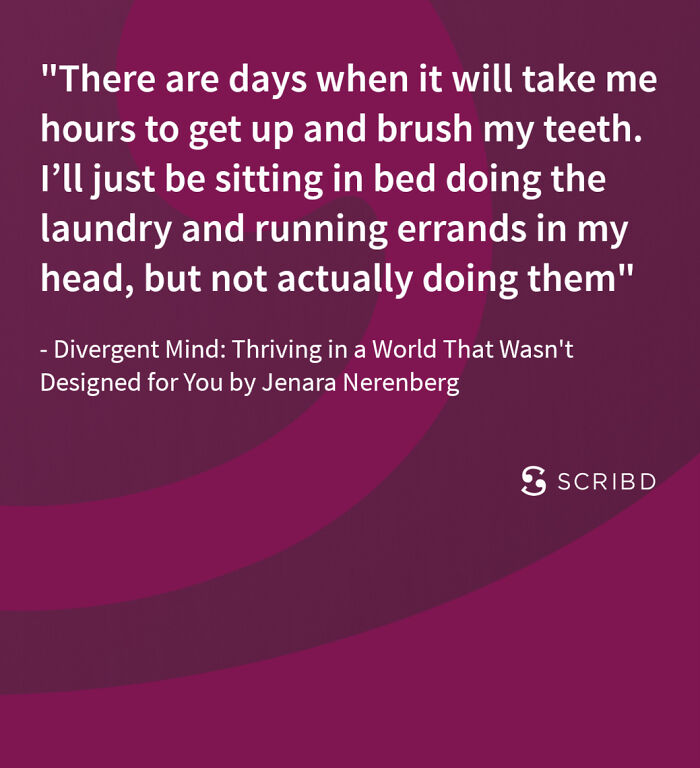 Quote about daily challenges and tasks from a book on life with a spicy neurodivergent brain on a purple background.