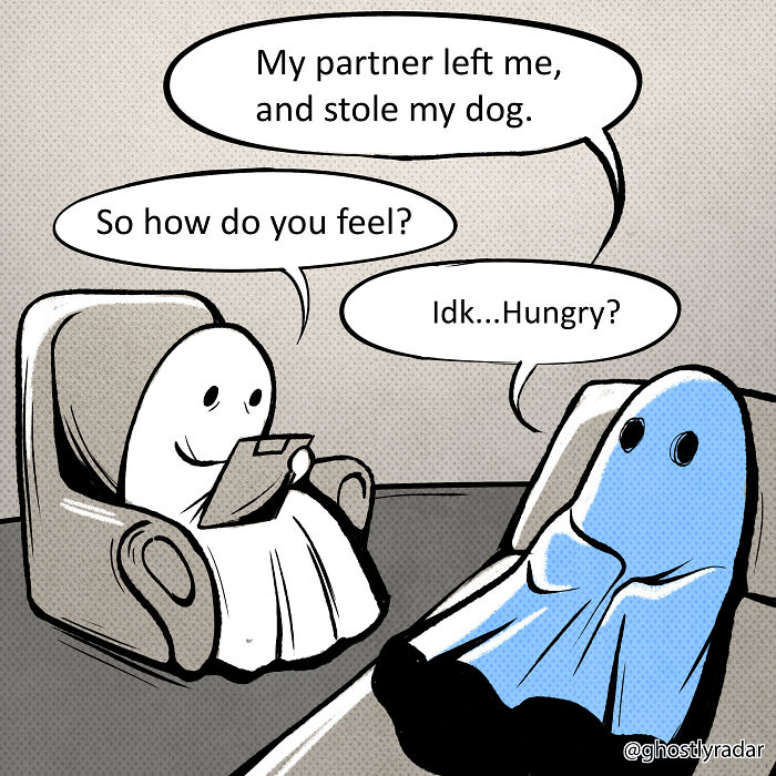 Cartoon showing a ghost in therapy, humorously capturing life with a spicy neurodivergent brain.