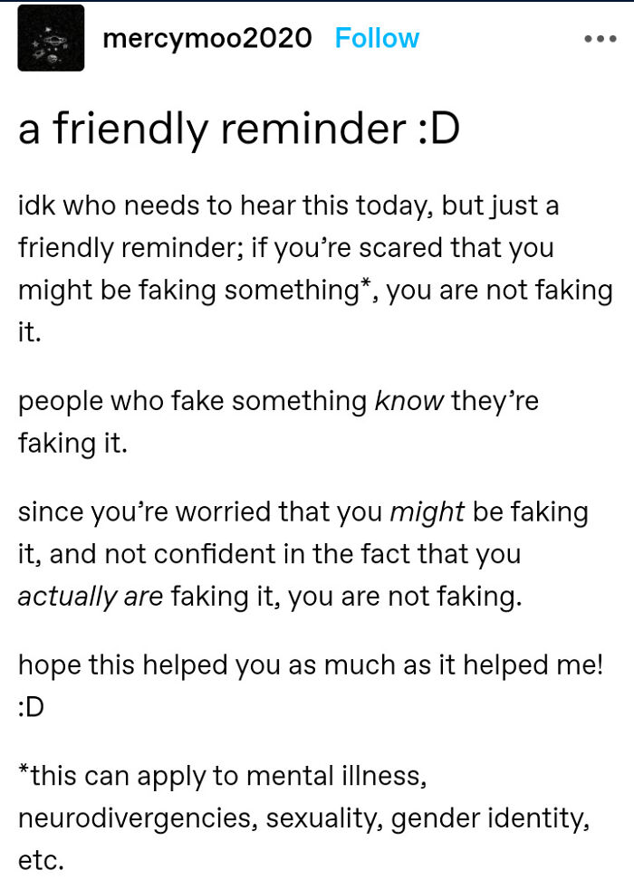 Text post by mercymoo2020 offering a friendly reminder about authenticity and neurodivergent mental health concerns.
