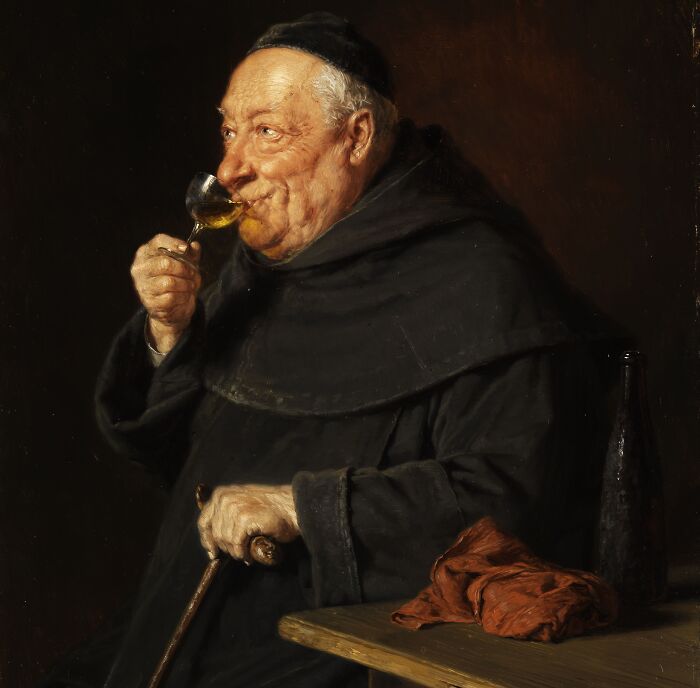 Old painting of a cheerful elderly man sipping wine, showcasing hilariously bad art that’s actually brilliant.