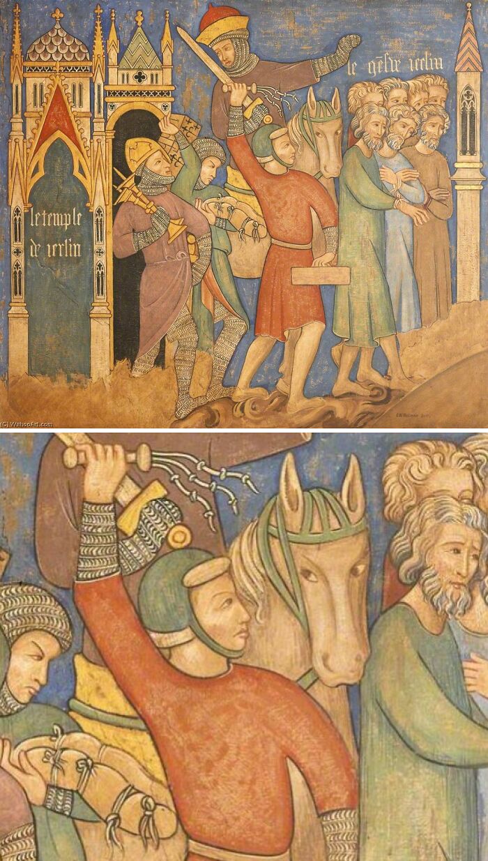 Medieval old painting depicting knights and a group of men with oddly exaggerated expressions in a hilariously bad style.