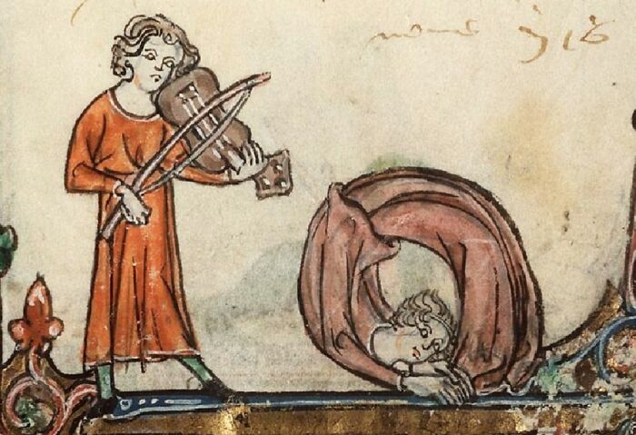 Medieval-style old painting showing a person playing violin next to a contorted figure, highlighting hilariously bad old paintings.