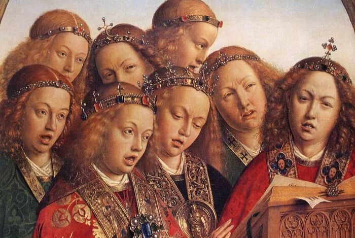 Group of medieval singers with awkward expressions in an old painting showcasing hilariously bad art style.