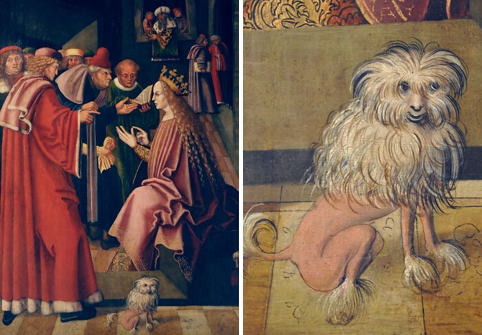 Old paintings featuring a strangely drawn dog with a human-like face, showcasing hilariously bad artistic style.