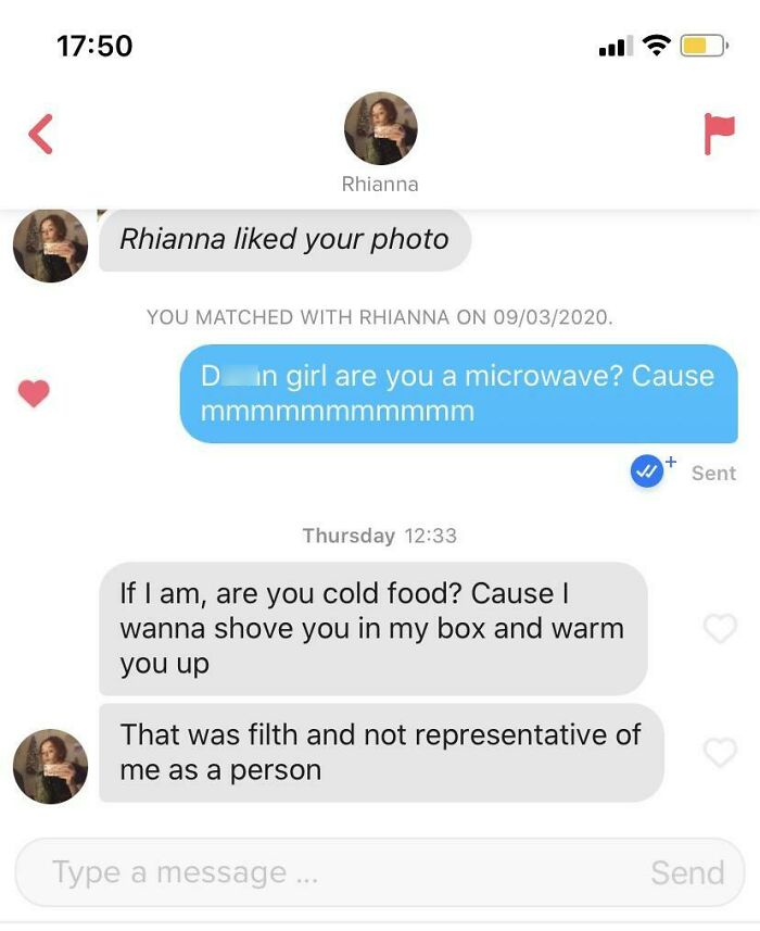 Screenshot of a hilarious Tinder interaction where two users exchange funny microwave-related pickup lines.