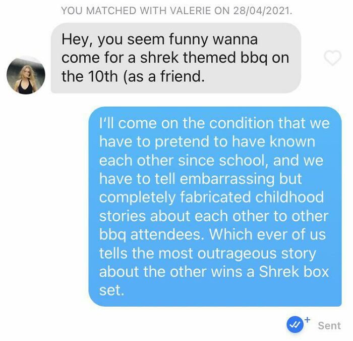Screenshot of a hilarious Tinder interaction about attending a Shrek themed BBQ with a humorous storytelling challenge.