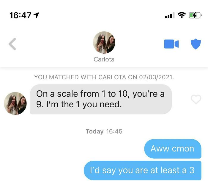 Tinder conversation where one user says you’re a 9 and they’re the 1 you need in a hilarious interaction.