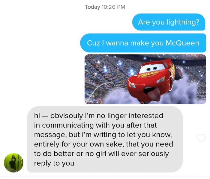 Text conversation showing a humorous Tinder pickup line about Lightning McQueen followed by a blunt rejection message.
