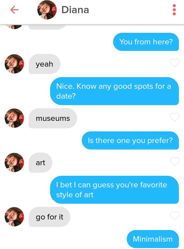 Tinder chat showing humorous conversation about date spots and favorite art style in funny Tinder interactions.