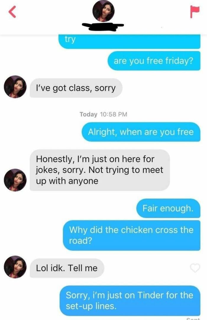 Tinder conversation showing humorous chat with jokes instead of meeting up, highlighting hilarious Tinder interactions.